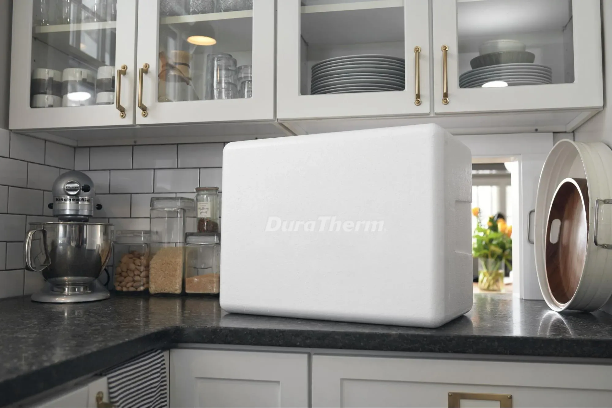 Close-up of white foam packaging on kitchen counter
